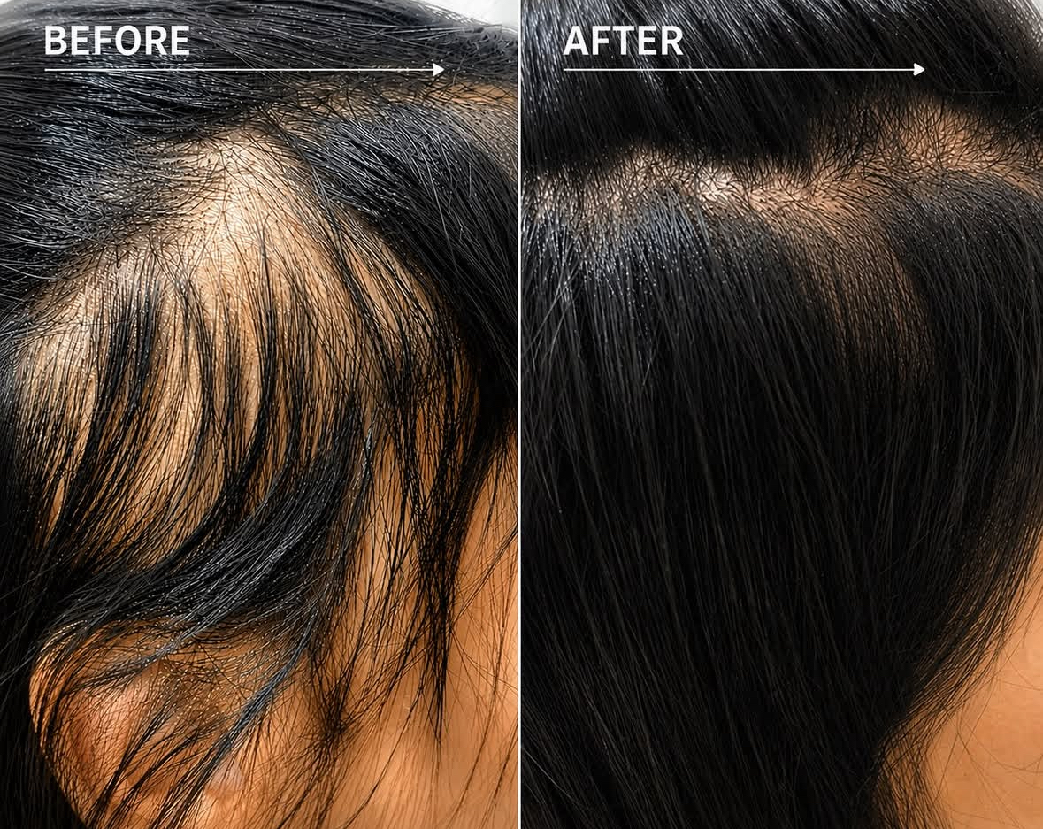 Before and after LLLT Laser Hair Therapy for female thinning hair and hair loss.