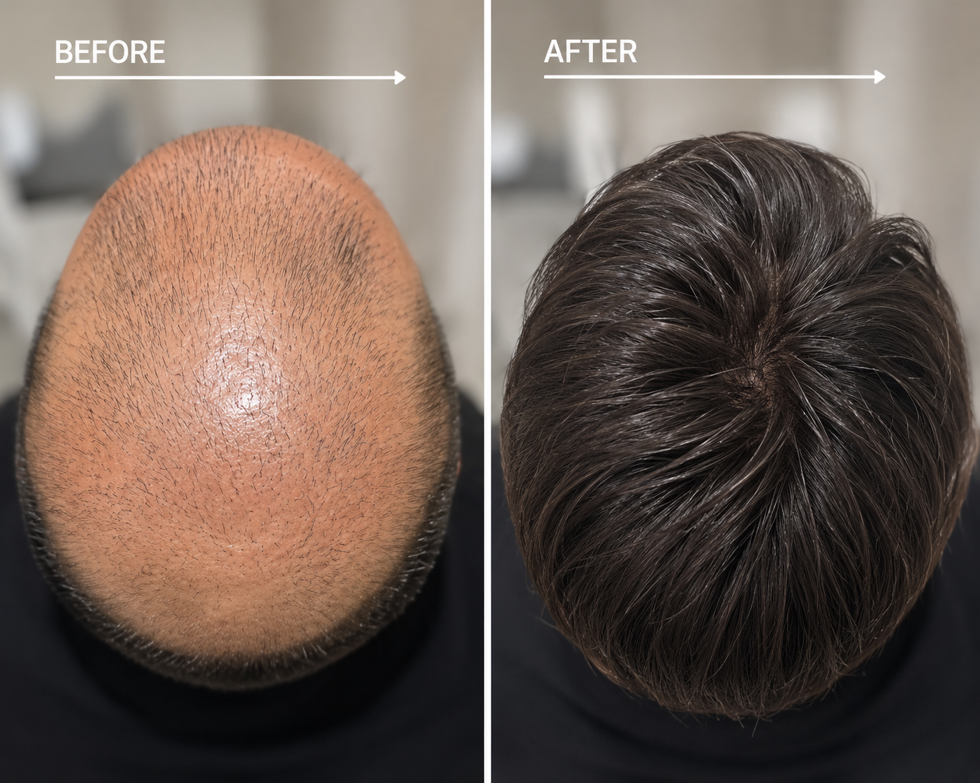 Before and after Hair Replacement System for male thinning hair and hair loss.
