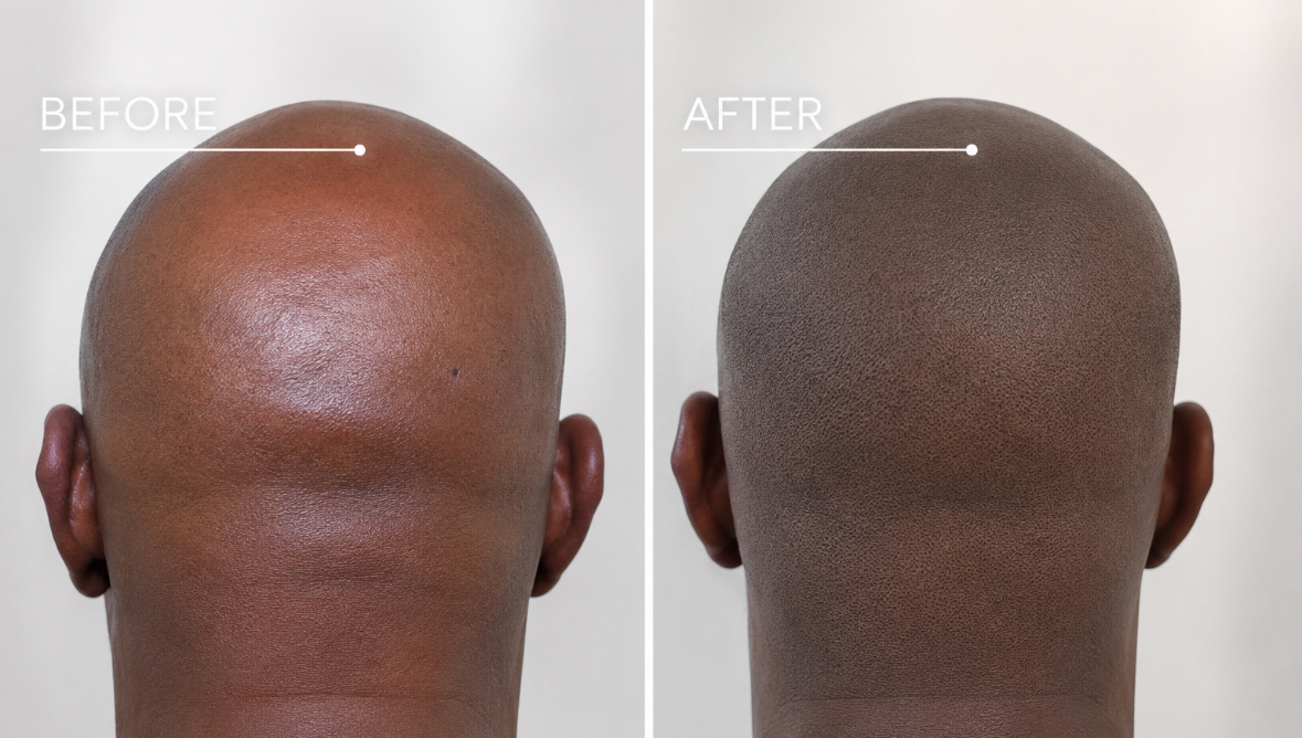 Before and after Scalp Micropigmentation for male thinning hair and hair loss.