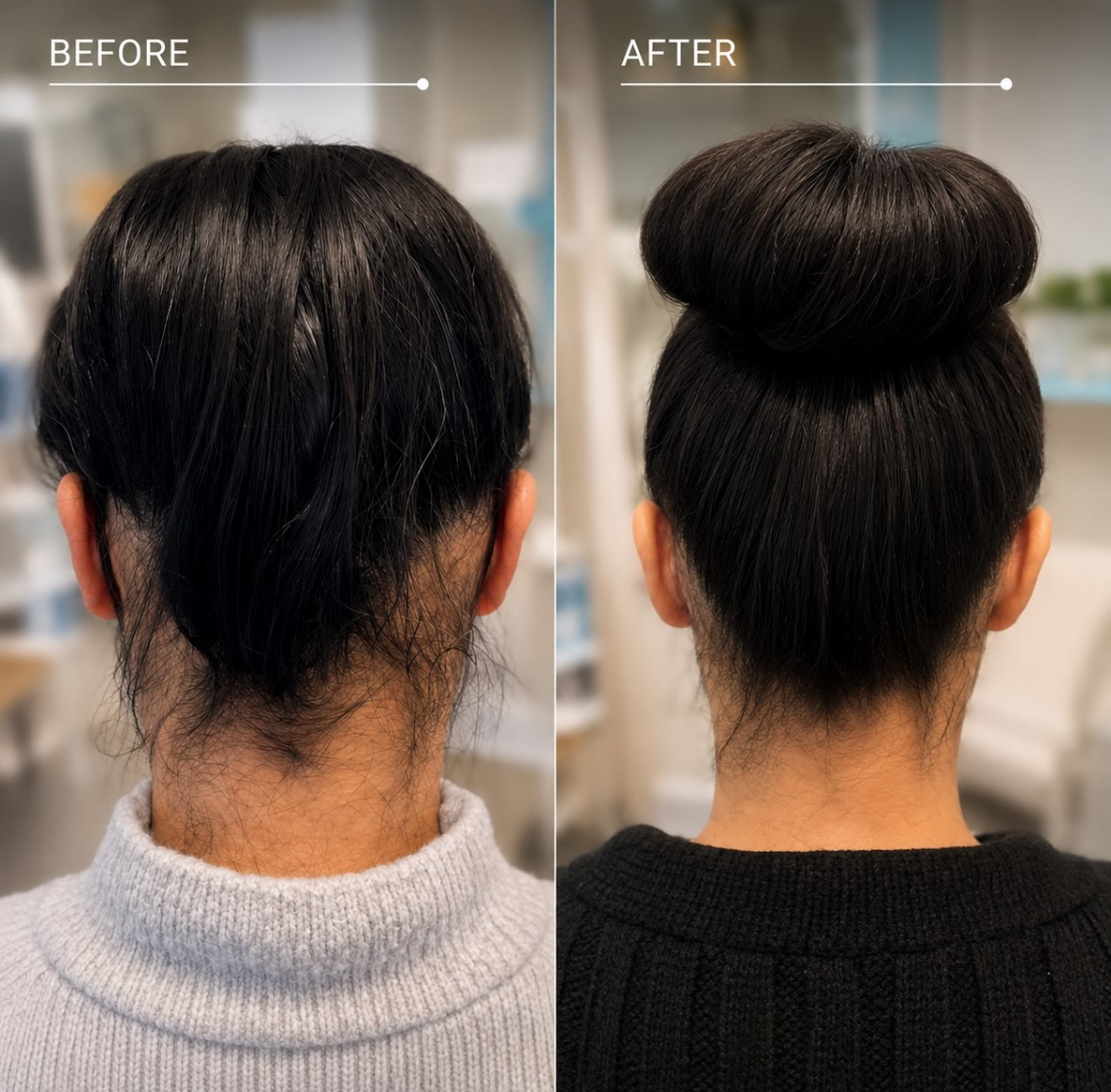 Before and after Scalp Micropigmentation for female thinning hair and hair loss.