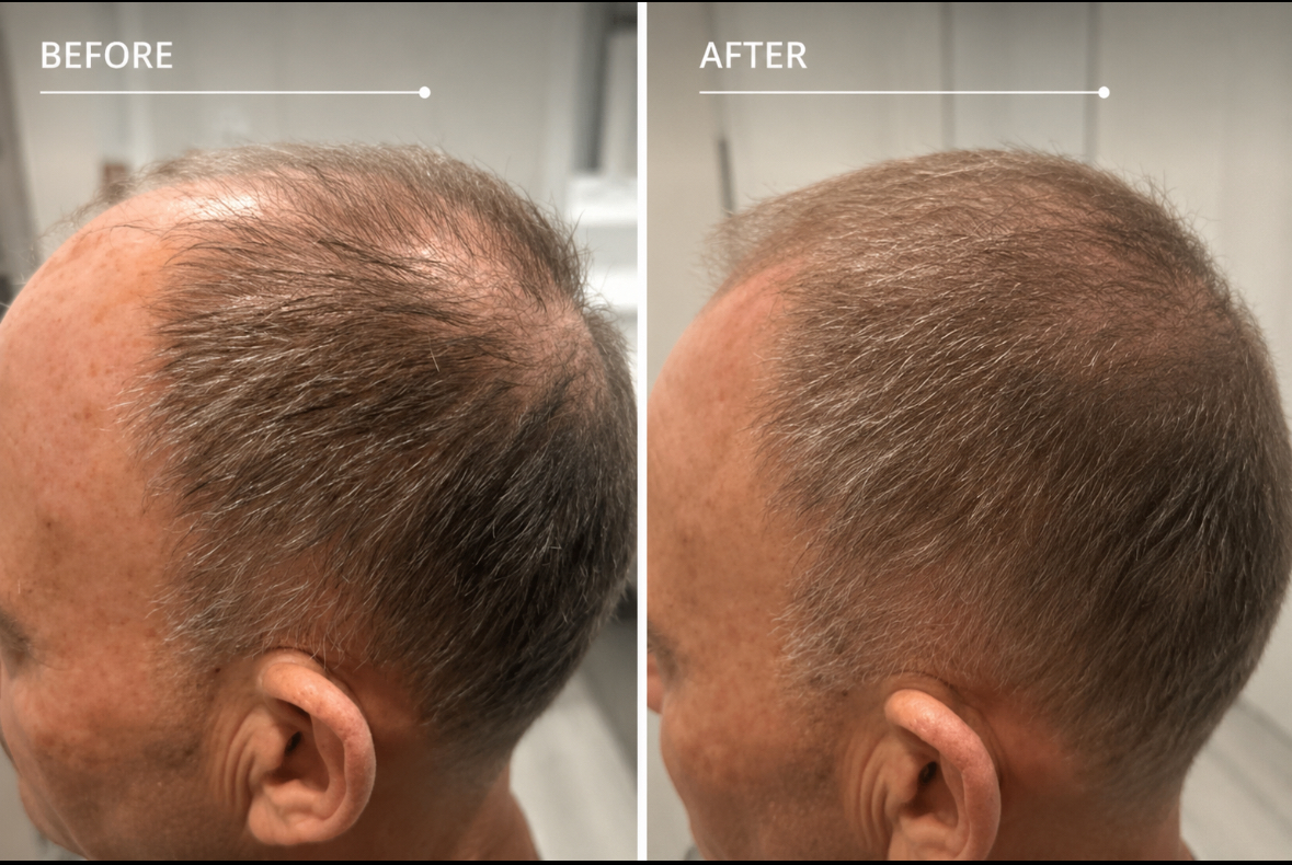 Before and after LLLT Laser Hair Therapy for male thinning hair and hair loss.