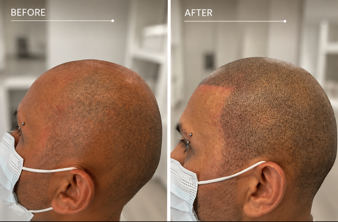 Before and after Scalp Micropigmentation for male thinning hair and hair loss.