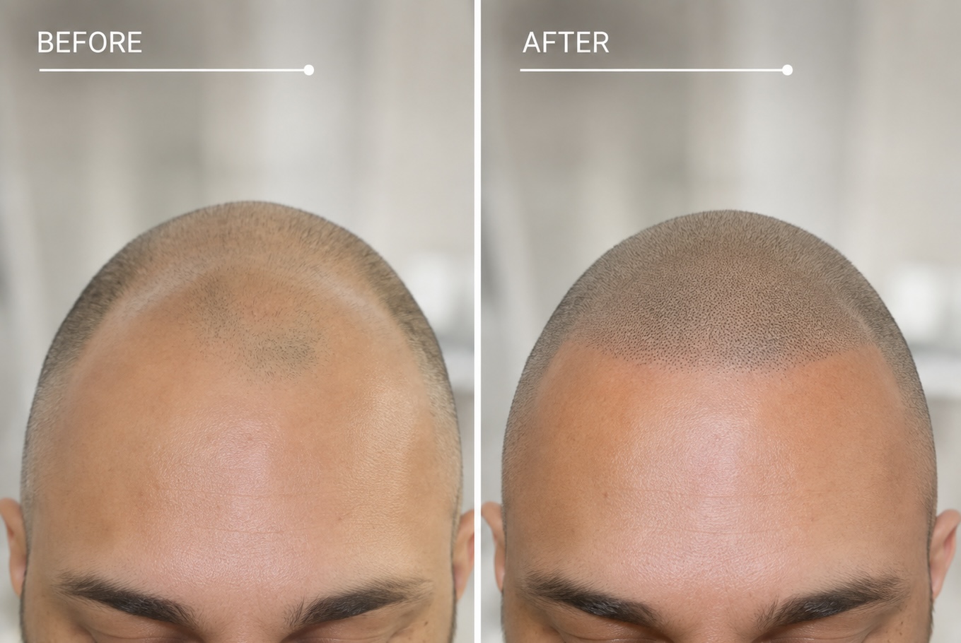 Before and after Scalp Micropigmentation for male thinning hair and hair loss.