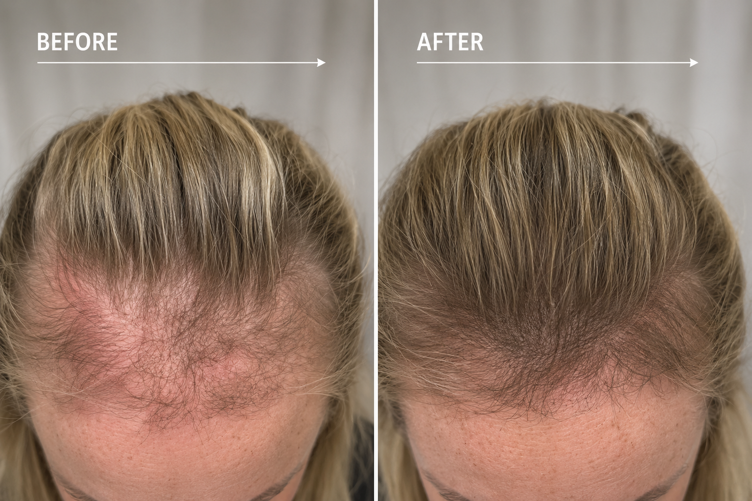 Before and after LLLT Laser Hair Therapy for female thinning hair and hair loss.