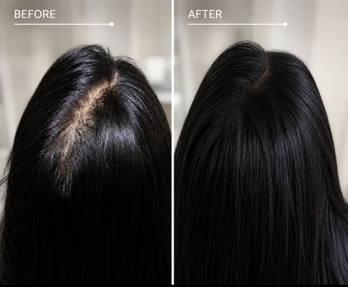 Before and after Scalp Micropigmentation for female thinning hair and hair loss.