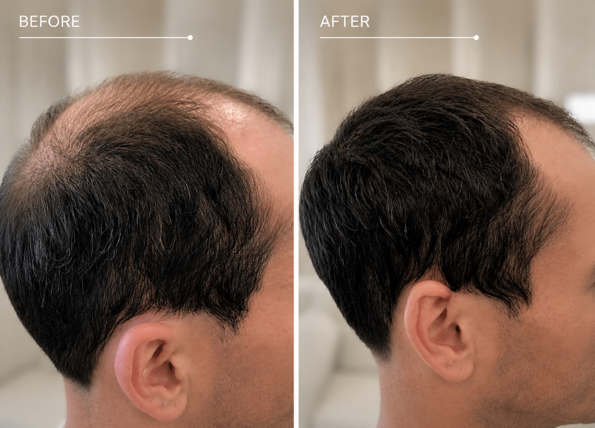 Before and after LLLT Laser Hair Therapy for male thinning hair and hair loss.